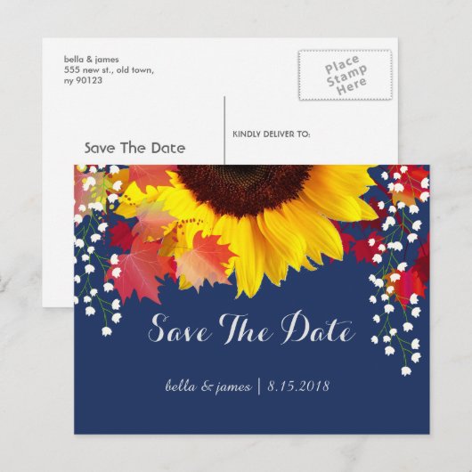 Zonnebloem Navyblauwe Save The Date Kaarten (Voorkant / Achterkant)