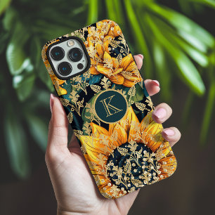 Zonnebloem Nep Goud Glitter Monogram Bloemig iPhone 16 Pro Max Hoesje