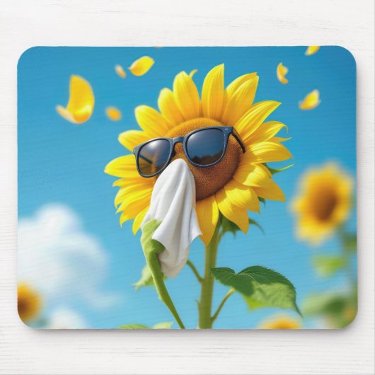 Zonnebloem niezen in een weefsel muismat (Voorkant)