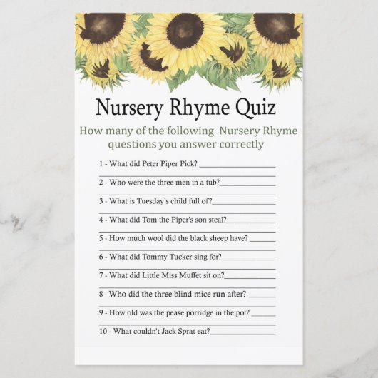 Zonnebloem Nursery Rhyme Quiz baby shower game (Voorkant)