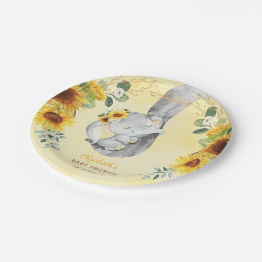 Zonnebloem Oerwoud Elephant Baby shower 1e verjaar Papieren Bordje (Gekanteld)