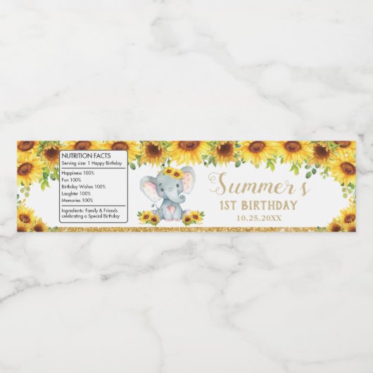 Zonnebloem olifant 1e verjaardag gunst waterfles etiket (Enkel label)