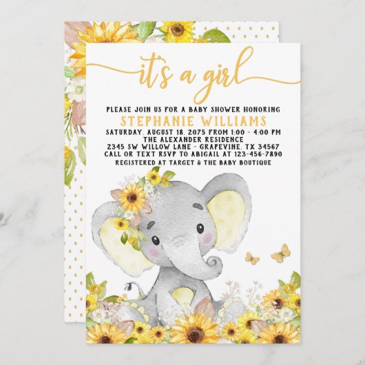 Zonnebloem olifant Baby shower Kaart (Voorkant / Achterkant)