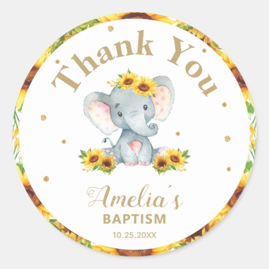 Zonnebloem olifant dank u voor gouden glitter ronde sticker (Voorkant)