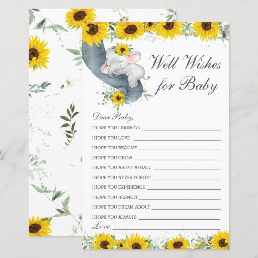 Zonnebloem Olifant Goede Wensen voor Baby Bericht  (Voorkant / Achterkant)