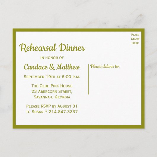 Zonnebloem Olijfgroen Bloemen Repetitie Diner Uitnodiging Briefkaart (Achterkant)