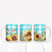Zonnebloem ontwerp en blauw geruit patroon koffiemok