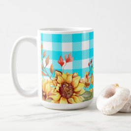 Zonnebloem ontwerp en blauw geruit patroon koffiemok