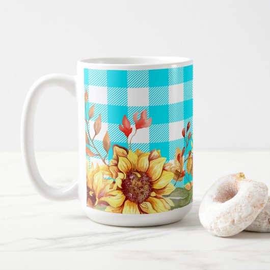 Zonnebloem ontwerp en blauw geruit patroon koffiemok (Met donut)