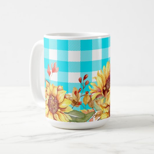 Zonnebloem ontwerp en blauw geruit patroon koffiemok (Voorkant links)