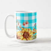 Zonnebloem ontwerp en blauw geruit patroon koffiemok (Links)