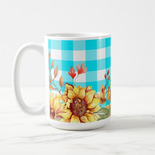 Zonnebloem ontwerp en blauw geruit patroon koffiemok (Links)