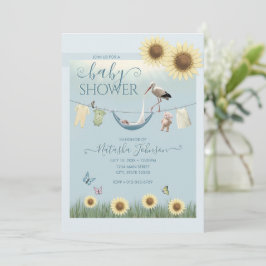 Zonnebloem Ooievaar Jongens Baby Shower Uitnodigin Kaart