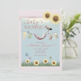 Zonnebloem Ooievaar Meisje Baby Shower Uitnodiging