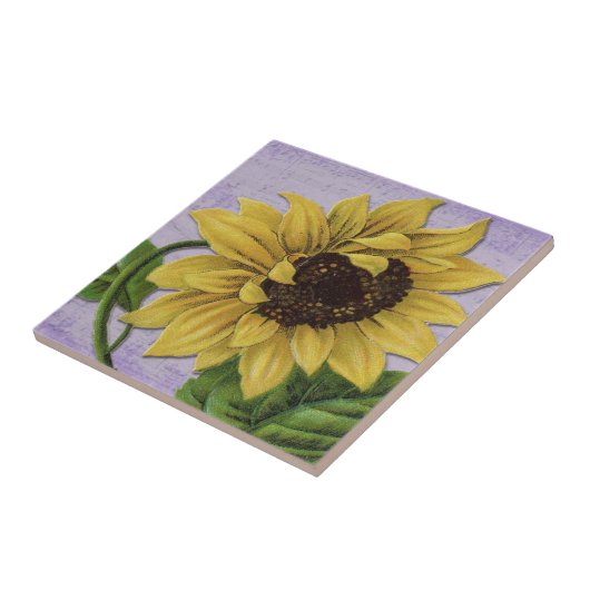  zonnebloem op blad tegeltje (Zijkant)