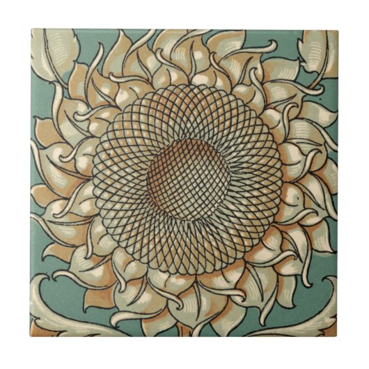 Zonnebloem op Blauw-groene achtergrond Tegeltje (Voorkant)