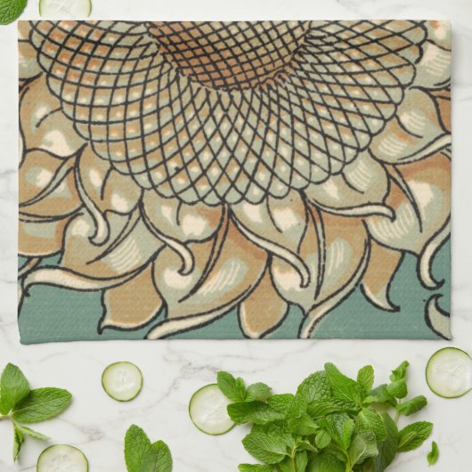 Zonnebloem op Blauw-groene achtergrond Theedoek (Gevouwen)