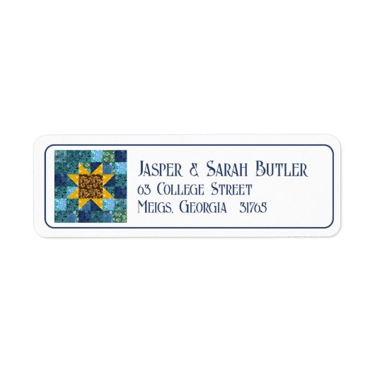 Zonnebloem op Blauw Patchwork Quilt Geometrische B Etiket (Voorkant)