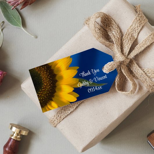 Zonnebloem op blauwe bruiloft Dank je wel voor de  Cadeaulabel