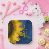 Zonnebloem op blauwe bruiloft papieren bordje (Feest)