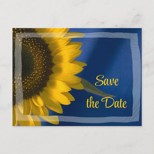 Zonnebloem op blauwe bruiloft Save the Date Aankondigingskaart (Voorkant)