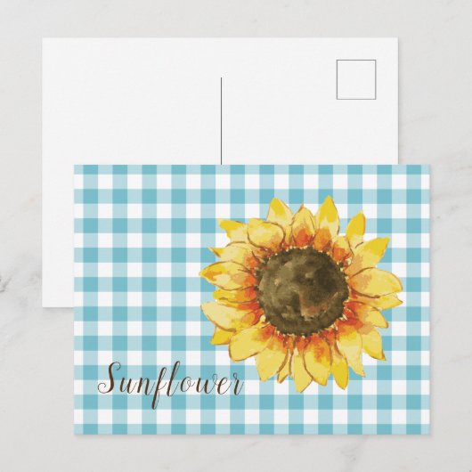 Zonnebloem op Blue Gingham Briefkaart (Voorkant / Achterkant)