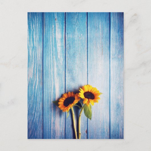 Zonnebloem op Blue Wood Wall Briefkaart (Voorkant)