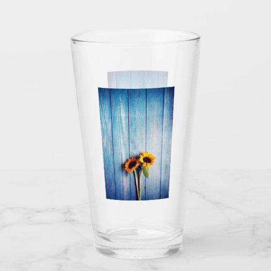 Zonnebloem op Blue Wood Wall Glas (Voorkant)