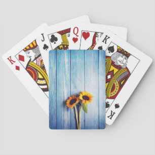 Zonnebloem op Blue Wood Wall Pokerkaarten