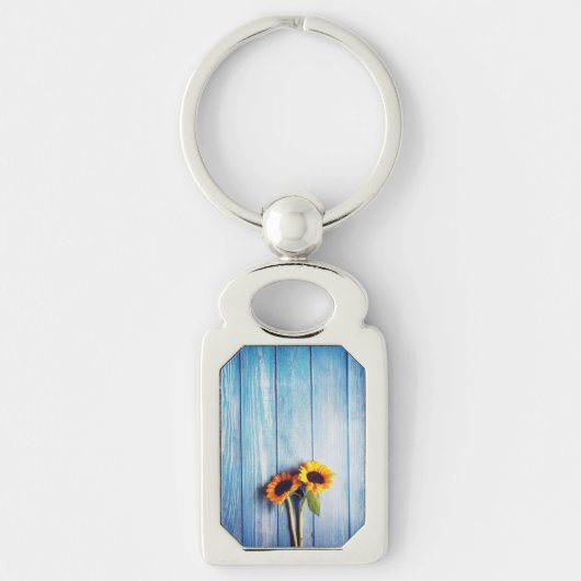 Zonnebloem op Blue Wood Wall Sleutelhanger (Voorkant)
