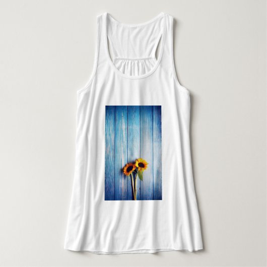 Zonnebloem op Blue Wood Wall Tanktop (Design voorkant)