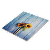 Zonnebloem op Blue Wood Wall Tegeltje (Zijkant)