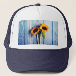 Zonnebloem op Blue Wood Wall Trucker Pet