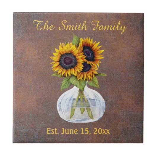 Zonnebloem op bruine familienaam Date Est. Tegeltje (Voorkant)