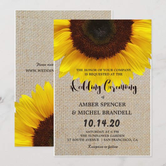 Zonnebloem op Burlap Rustic Country Wedding Invite Kaart (Voorkant / Achterkant)
