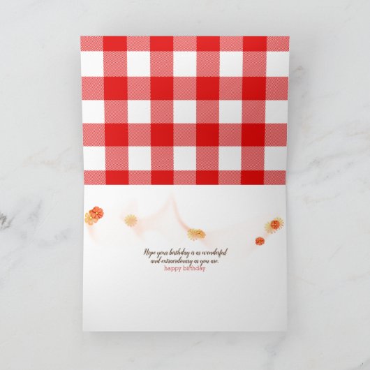 zonnebloem op de rode en witte biefstuk kaart (Binnen)