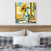 Zonnebloem op een vensterbank canvas afdruk (Insitu (Slaapkamer))