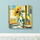 Zonnebloem op een vensterbank canvas afdruk (Insitu (Houten vloer))