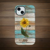 Zonnebloem op Faux Green Verweerde Houten Initiale iPhone 15 Case