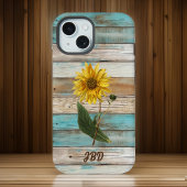 Zonnebloem op Faux Green Verweerde Houten Initiale iPhone 15 Case