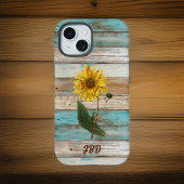Zonnebloem op Faux Green Verweerde Houten Initiale iPhone 15 Case