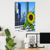 Zonnebloem op het dak in de stad | AI Art Poster (Thuiskantoor)