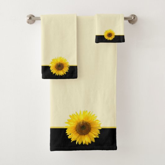 Zonnebloem op Light Beige en Black Bath Towel Set Bad Handdoek (Insitu)