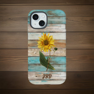 Zonnebloem op namaak groen verweerd hout Initialen iPhone 15 Case