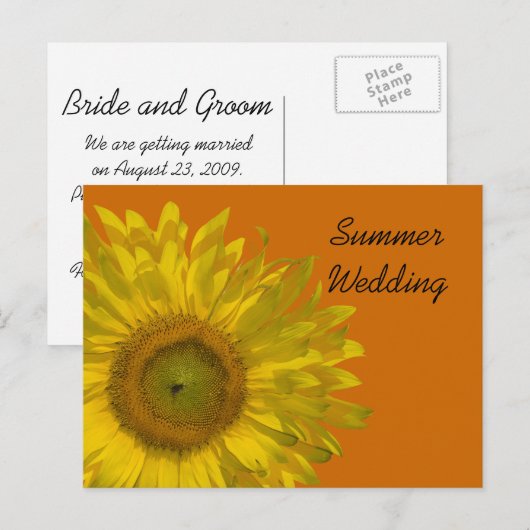 Zonnebloem op Oranje zomerbruiloft Aankondigingskaart (Voorkant / Achterkant)