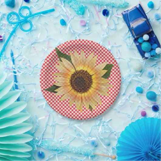 Zonnebloem op rood en wit plaid papieren bordje (Feest)