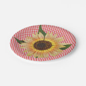 Zonnebloem op rood en wit plaid papieren bordje (Gekanteld)