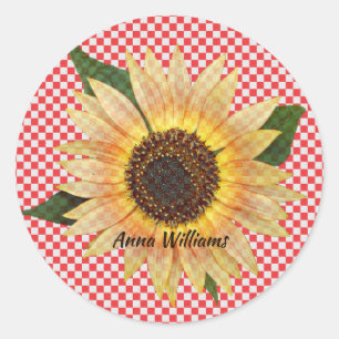 Zonnebloem op rood en wit plaid ronde sticker