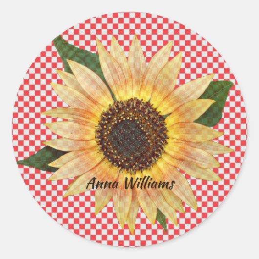 Zonnebloem op rood en wit plaid ronde sticker (Voorkant)
