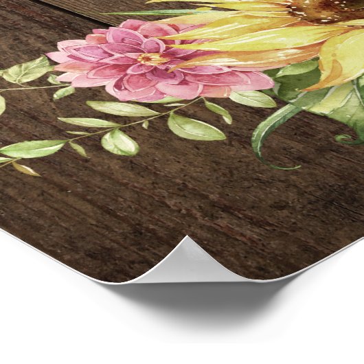 Zonnebloem op Rustic Wood Country Weddenschap Poster (Hoek)
